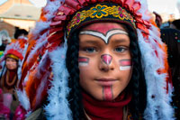 Binche festival carnival in Belgium Brussels. Indian costume. Music, dance, party and costumes in Binche Carnival. Ancient and representative cultural event of Wallonia, Belgium. The carnival of Binche is an event that takes place each year in the Belgian town of Binche during the Sunday, Monday, and Tuesday preceding Ash Wednesday. The carnival is the best known of several that take place in Belgium at the same time and has been proclaimed as a Masterpiece of the Oral and Intangible Heritage of Humanity listed by UNESCO. Its history dates back to approximately the 14th century.